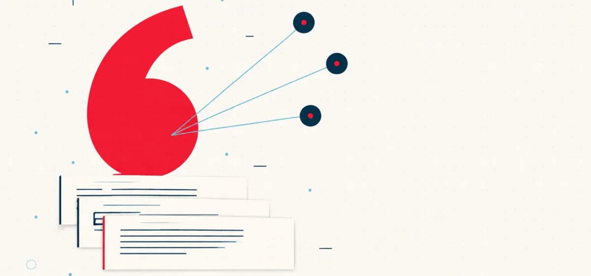 Abstract editorial illustration of a quotation mark with citation rays to AI orbs