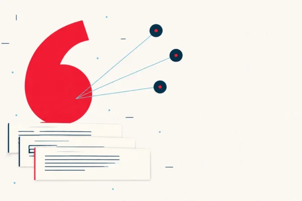 Abstract editorial illustration of a quotation mark with citation rays to AI orbs