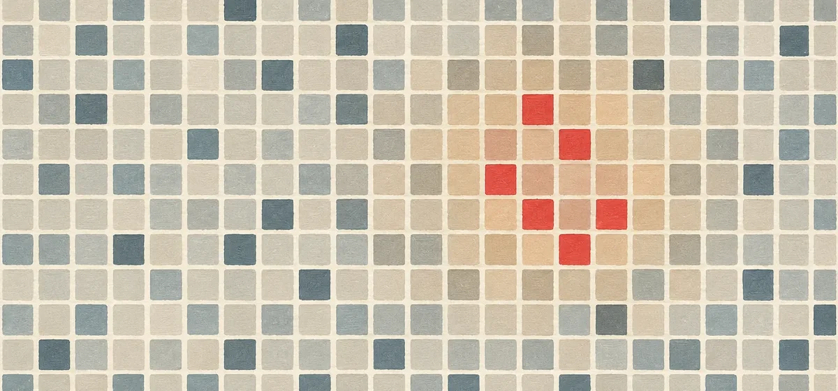 Abstract grid of muted squares with a small cluster of red squares clustered in the center, visualizing how YouTube's recommendation system selects winning videos