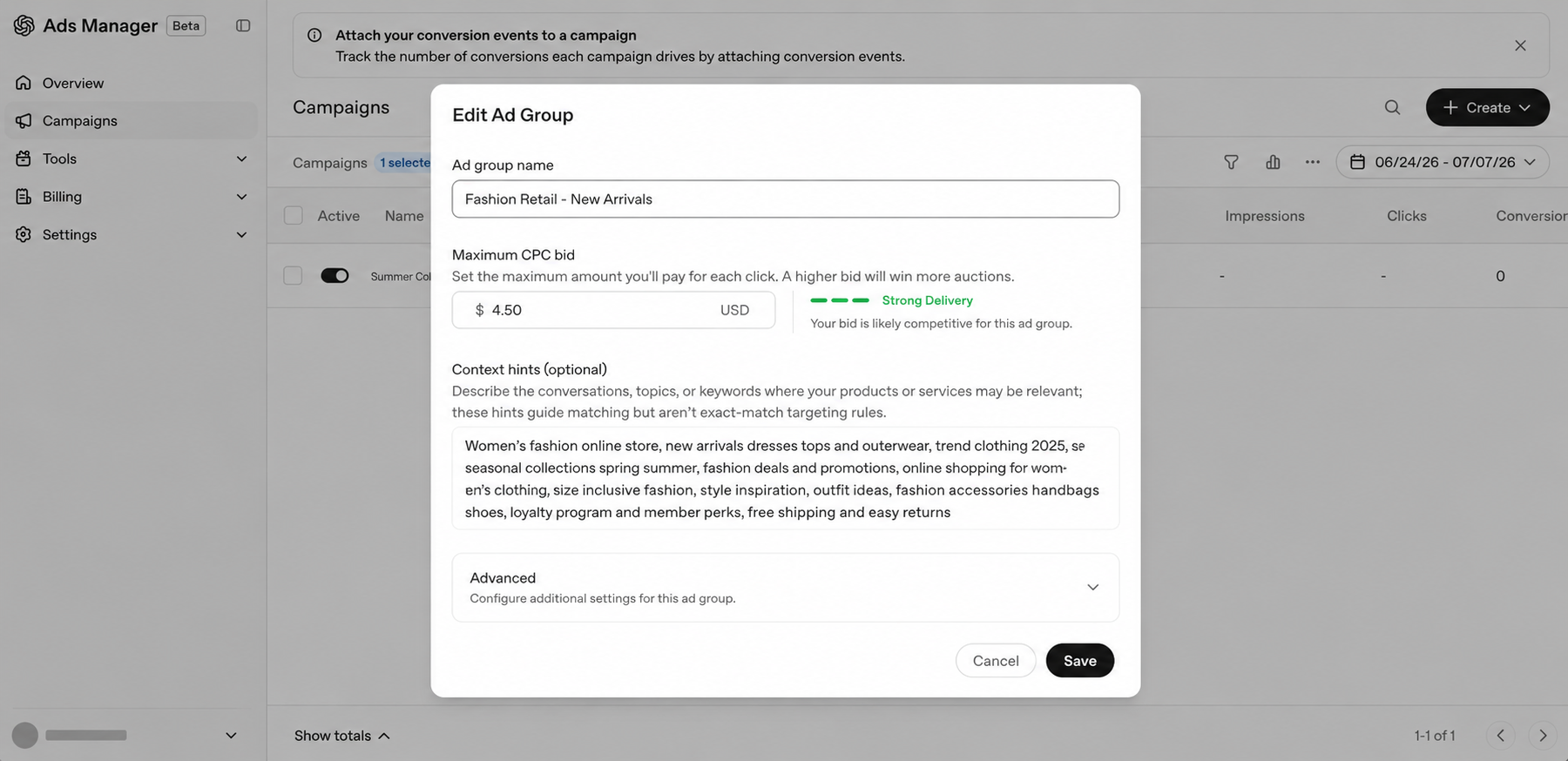 Editing an adset in ChatGPT Ads, showing product catalog and context hint options