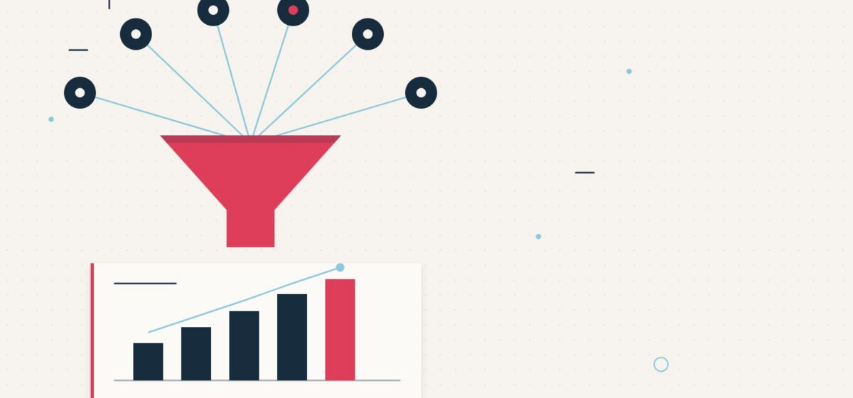 Abstract editorial illustration of six stakeholder nodes flowing into a red funnel above a rising pipeline bar chart