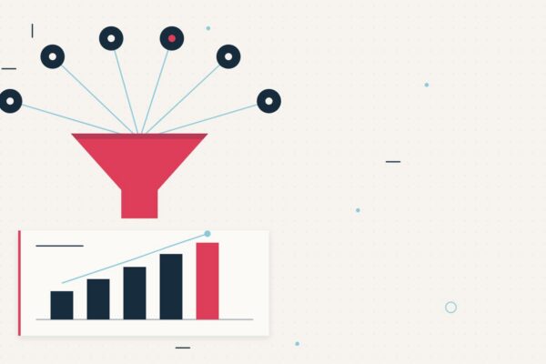 Abstract editorial illustration of six stakeholder nodes flowing into a red funnel above a rising pipeline bar chart