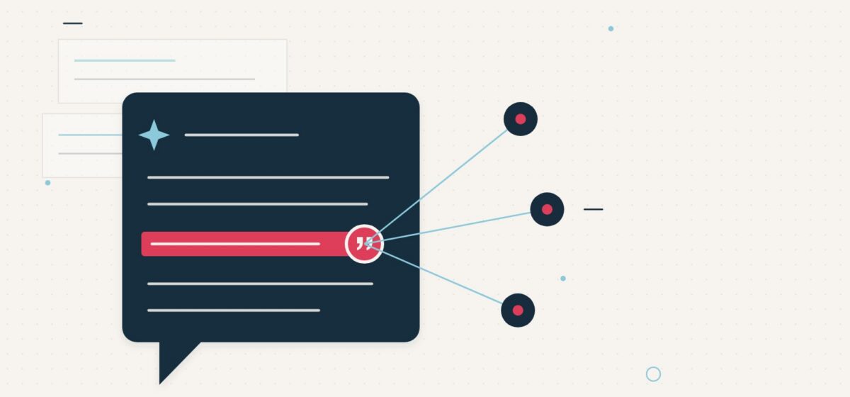 Abstract editorial illustration of an AI answer card with a highlighted brand citation linked to three AI engine orbs