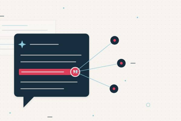 Abstract editorial illustration of an AI answer card with a highlighted brand citation linked to three AI engine orbs